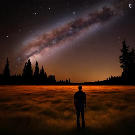 Prompt: Man standing in distance on the meadow at night looking up the night sky with saturn on it, night sky with stars and saturn, brown color, ultra details, 4k resolution, 1000x1000 