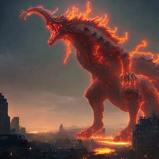 Prompt: A giant beast with a body of 100 meters that looks like an oriental dragon and emits fire and electric shock around it and it's destroying a city 