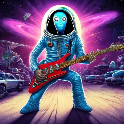 Prompt: Alien Astronaut Jesus playing a double-necked Guitar for spare change in a busy alien mall, widescreen, infinity vanishing point, galaxy background, surprise easter egg