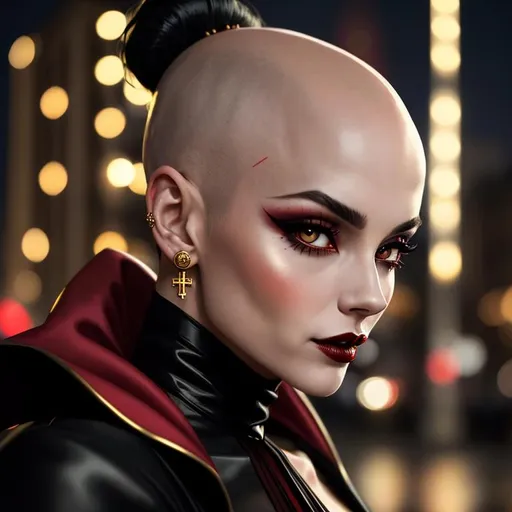 Prompt: Female vampire that looks like a cross between Audrey Hepburn and Harley Quinn, Clan Tremere, beautiful face, she is completely {{bald}}, she has no hair, she is wearing gold and onyx earrings, vampire the masquerade, red makeup, detailed symmetrical face, city at night style background, well lit by street lights, vampire, real, alive, real skin textures,