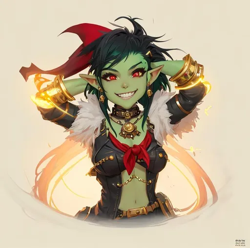 Prompt: portait, 18 years old, goblin girl, pale green skin, huge goblin ears with gold ring earrings, black mohawk with red highlights hair, shark shaped teeth, red eyes, red scarf, white short tank top, steampunk workshop, smiling, digital painting, artstation, smooth, concept art, ethereal, digital painting, artstation, concept art, smooth, concept art, ethereal, wild hair, royal vibe, highly detailed, detailed and intricate background, digital painting, Trending on artstation, Big Eyes, artgerm, highest quality stylized character concept masterpiece, award winning digital 3d oil painting art, hyper-realistic, intricate, 64k, UHD, HDR, image of a gorgeous, beautiful, dirty, highly detailed face, hyper-realistic facial features, perfect anatomy in perfect composition of professional, long shot, sharp focus photography, cinematic 3d volumetric