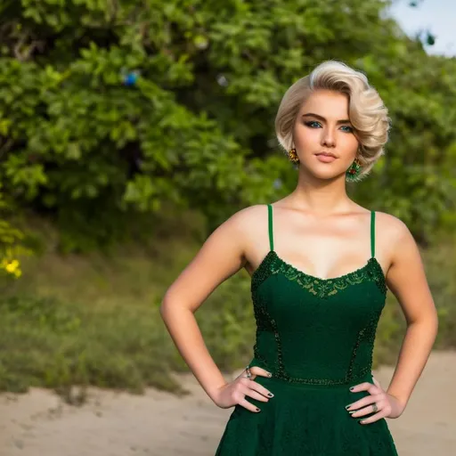 Prompt: full body image of a beautiful 25 year old russian woman with short blonde hair, green eyes,
