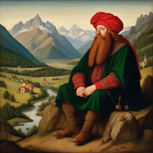 Prompt: painting in style of Jan van Eyck Portrait,  young intelligent dwarf with a red insanely long braidedbeard sitting , broad face, red hair, eyes, adventurer, friendly, symmetrical detailed face,  dirt in the face, sturdy medieval adventurer clothes,  mountains in the background, quality, extremely detailed,