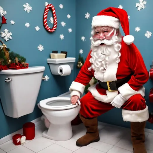 Prompt: Santa pooping on a toilet fixing the plumbing and his hat is on fire. With 8 reindeer and snowman.