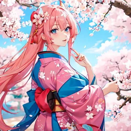 Prompt: Japan as a female human, 8k, UHD,  highly detailed, pink hair, blue eyes, wearing a kimono, under the cherry blossom trees, close-up