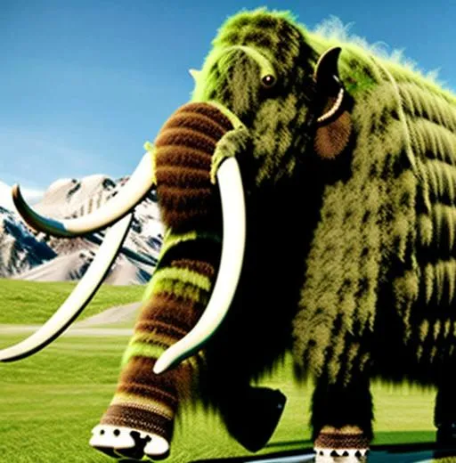 Prompt: Green wooly mammoth with human features