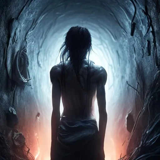 Prompt: well detailed adult man from the back pointy short hair standing with his beautiful girl with long hair inside a dark tunnel evil eye hands coming out of walls touching for him, bluish light, ultra, HD, 4k, realistic, dystopian, hyper, dynamic light, cinematic,final fantasy