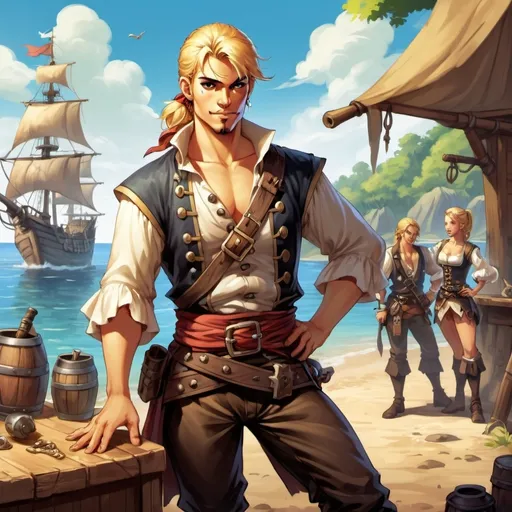 Prompt: Full body, Fantasy illustration of a young male pirate, attractive, blond ponytail, pegleg, wooden left leg, embarressed expression, detailed, high quality, rpg-fantasy, pirate camp in background, painting, art