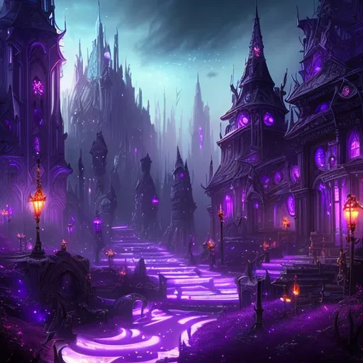 Prompt: HD, 4K, 3D, Stunning, magic, cinematic camera, two-point perspective, drow elf city, purple and black, magic purple light, dark purple,gorgeous fantasy city
