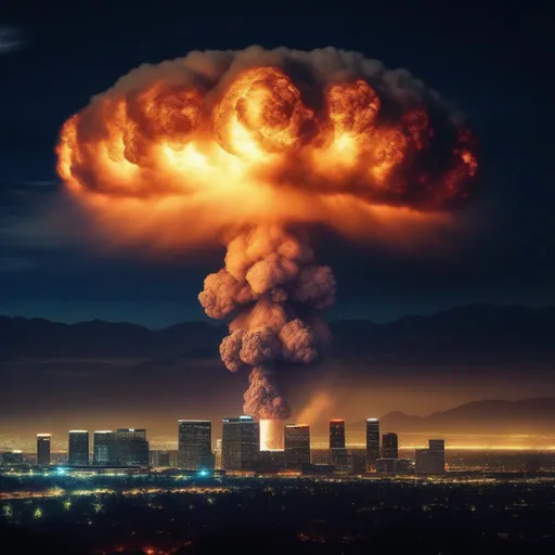 Prompt: Los Angeles, United States, suffers a nuclear attack at nigth,  Hyperrealistic, sharp focus, Professional, UHD, HDR, 8K, Render, electronic, dramatic, vivid, pressure, stress, nervous vibe, loud, tension, traumatic, dark, cataclysmic, violent, fighting, Epic