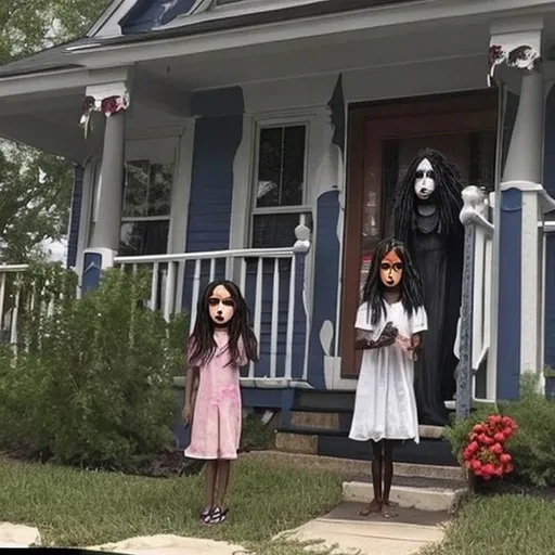 Prompt: Horrified woman opens her front door after hearing someone knocking on it in the middle of the night to find two terrifying black eyed children standing there on her porch. Photo quality 3D