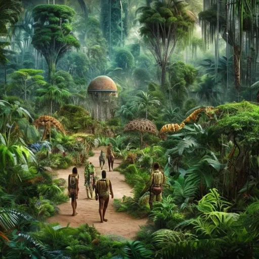 Prompt: A realistic photo of a highly advanced civilization, in the jungle, organic. The people are a mix of wild jungle travellers in high-tech clothing. Astronauts. A group of 13 people or more is seen. 