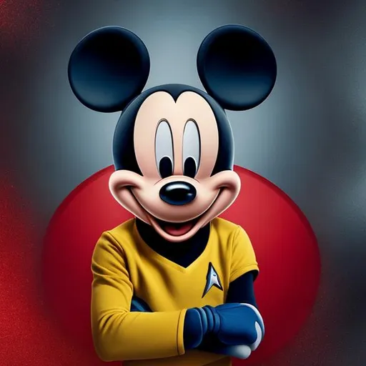 Prompt: A portrait of Mickey Mouse, wearing a Starfleet uniform, with a Star Trek background, in the style of the "Star Trek: The Wrath of Kahn."