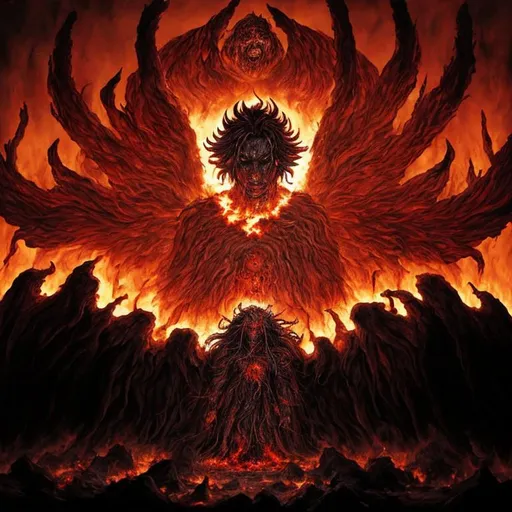 Prompt: Dark ancient god waking from long slumber in a post Apokalyptical burning world one step away from the entrance to the Purgatory, surrounded by Suffering tormented souls and sinister creatures,sinner,underworld,undead,evil,hell,devil,darkness,Takeshi Oda,