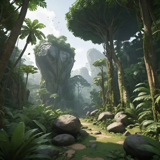 Prompt: A jungle biome with big rocks, lianes and big dense trees