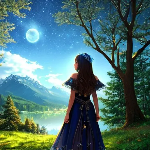 Prompt: Tree, magic, girl, beautiful, stars, dark, magic girl, 4K, 16K, highly realistic, extremely detailed, photo realistic, photo quality, full boddy, nature in background
