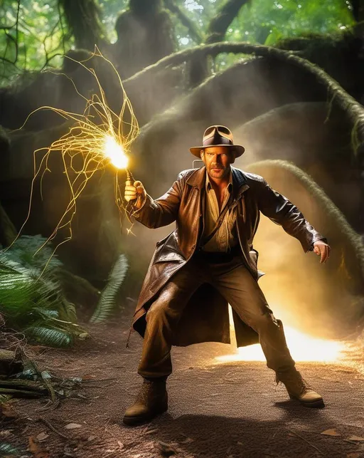 Prompt: An action scene of Indiana Jones, a rugged ((steampunk)) explorer in goggles and leather coat cracking a glowing energy whip to fight off animatronic robots in an ancient jungle temple, reminiscent of Indiana Jones. The temple is overgrown with vines and moss with sunlight streaming through cracks in the stone. Shot with a Nikon D6 with a 24-70mm lens to capture the motion and detail. The lighting is contrasty and dramatic. The mood is exciting, cinematic, and full of gritty texture. In the style of Dave McKean.