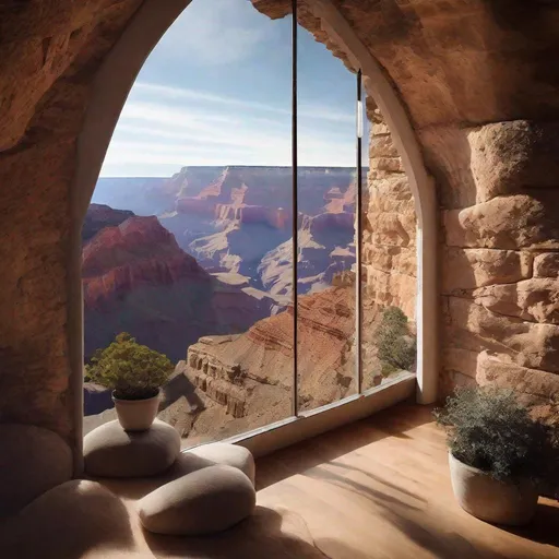 Prompt: an isolated castle built into the cliff face of the Grand Canyon {big windows}. peaceful and modern, cozy, minimalistic, natural lighting, bright, beautiful, fairy tale.