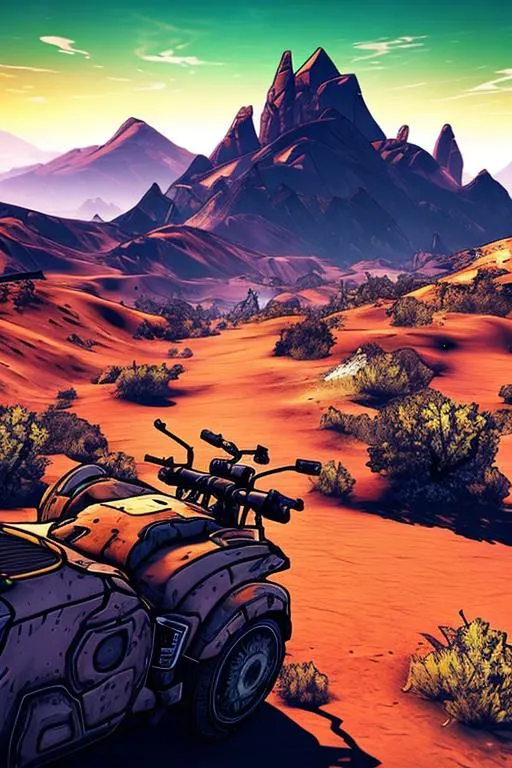 Prompt: Borderlands art style, cell shading, post-apocalyptic landscape, high quality, desert