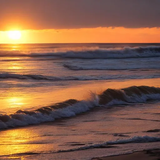 Prompt: 4K, sunset, shiny ocean, soft waves, sand
