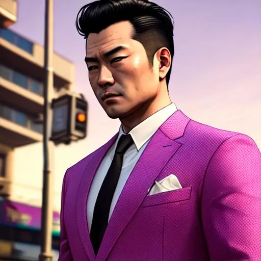 Prompt: asian gangster in a suit in Grand Theft Auto 5, beautiful, sunny day, highly detailed, realistic, los santos, pink cotton fabric cheongsam texture, soft lighting, symmetry, fashion, ultrarealistic,full body, world masterpiece, perfect composition, intricate details, hyperrealistic, super detailed, Azulejo, HDR, 8k, high quality, unreal engine