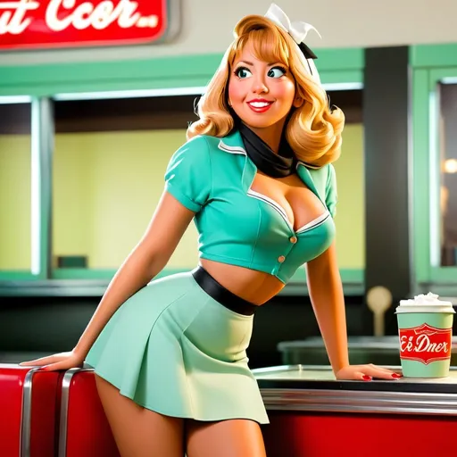 Prompt: A side profile of a stylish pin up woman with EE cup size. She es standing in a 50´s diner.  She es wearing a mint shirt and skirt. black Neck Scarf. Nangela tag name on the left chest. blonde hair hair. hand on hip. 

beautiful hazel eyes, highly detailed eyes, realistic