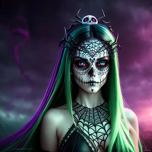 Prompt: Horror, twisted, scary, ominous, cinematic, 3D, HD, freeform dark chaos Beautiful!! {Sugarskull}Female, detailed gorgeous face, Beautiful big reflective eyes, long flowing hair, expansive spiderweb background, hyper realistic, 16K --s98500