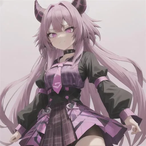 Prompt: Ironmouse, short anime girl with purple highlights, pink long hair, purple glowing eyes, one sharp teeth in front, pink sleeves shirt and pink ribbon tie choker, black military boots, black stripe plaid skirt, pink legging, blood, high quality, tired, white sharp horns, best quality, any anime art style, manga style