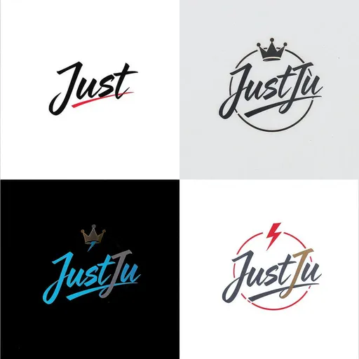 Prompt: create a few digital mockup visuals for JustJu based on the concept:

Bold sans serif “Just”
Brush style “Ju” with underline swoosh
Minimal crown above the “J”
Lightning bolt tail on the “J”
Circular badge background
Color themes: Black + Neon Blue, Matte Black + Gold, White + Red accents