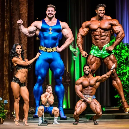 Prompt: A 30 foot tall bodybuilder, a six-footer  model, and fairy 