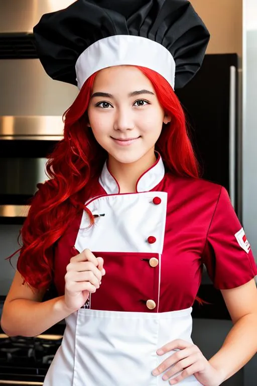 Prompt: Girl 17yo, Chef costume, red hair,