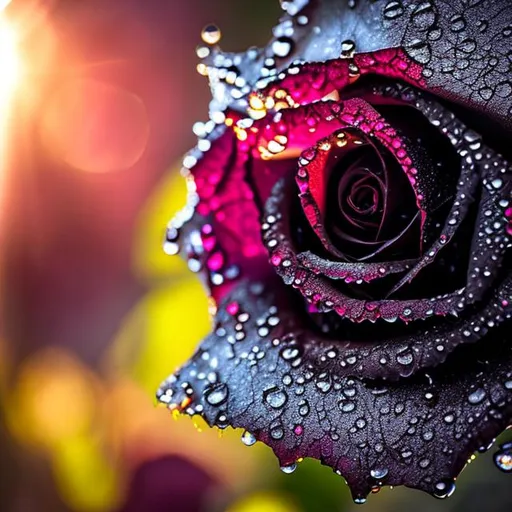 Prompt: black rose with dew drops in sunlight