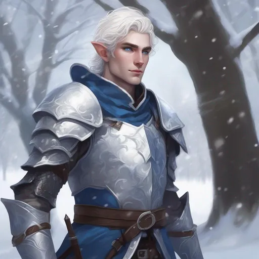 Prompt: DND a male elf with short wavy white hair and blue eyes wearing plate armor in a snowy park