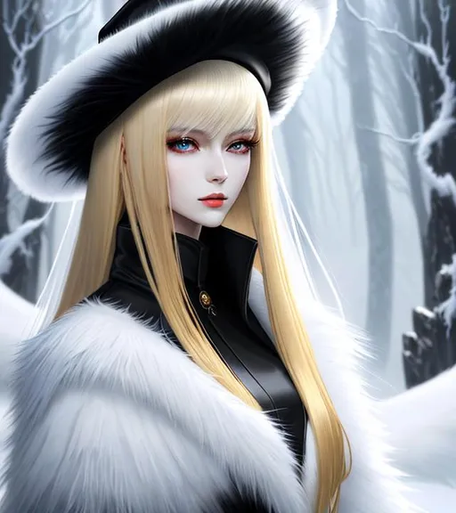 Prompt: 64K UHD HDR Ultra-Realistic Ultra-Detailed Oil Painting of Caerula Sanguis. Long Black Coat Trimmed with White Fur. High Black Pillbox-Type Hat. Silky Smooth Shoulder-length Blonde Hair. Volumetric Snowstorm Accentuating her Sensual Beauty. Cognate. Art by Yukito Kishiro