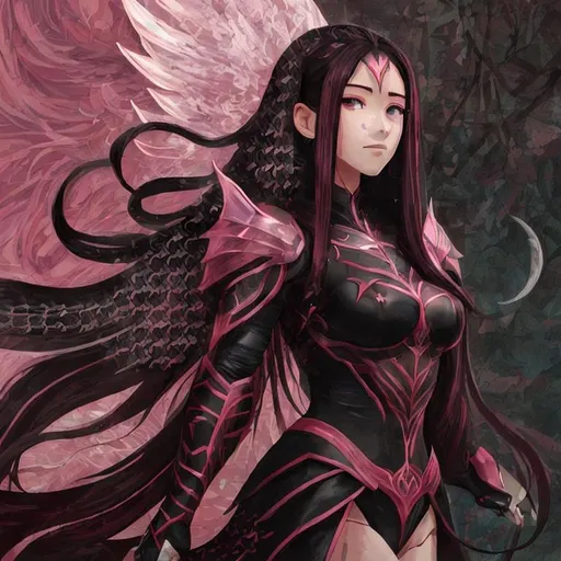 Prompt: highly detailed anime goddess with black and pink armor and long pink hair 