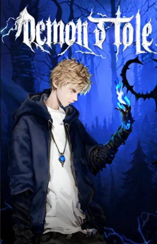 Prompt: Highly detailed Book cover boy with blue sapphire amulet wearing baggy torn hoodie looking into his demon arm (nero dmc4 demon arm) burning blue soulfire standing inside horror nightmare dark world forest (Young beautiful handsome 13 year old lightbrown short hair (short haircut)+ hair covering eye long forelocks hanging over face straight messy hair boy kid Cole Sprouse boyish boy pretty boy hot boy robust eyelashes bluegreen eyes) art, artstation, concept art, character design realistic artstyle, award winning
