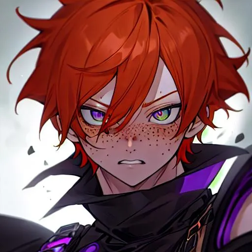 Prompt: Erikku male (short ginger hair, freckles, right eye blue left eye purple) UHD, 8K, Highly detailed, insane detail, best quality, high quality.