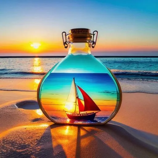 Prompt: a beatiful sunrise above the sea, a sailboat, inside a glass bottle, 3 d art