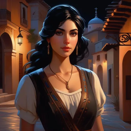 Prompt: Third person, gameplay, Cordoban girl, pale skin, black hair, brown eyes, Cordoba at night, cold atmosphere, cartoony style, extremely detailed painting by Greg Rutkowski and by Henry Justice Ford and by Steve Henderson 

