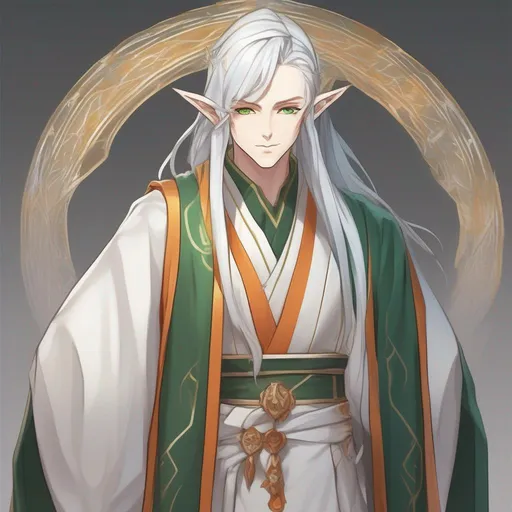 Prompt: Astral Elf, wearing Scholar Robe, colors are primarily white with green and gold trim and orange, masterpiece, best quality, in anime style