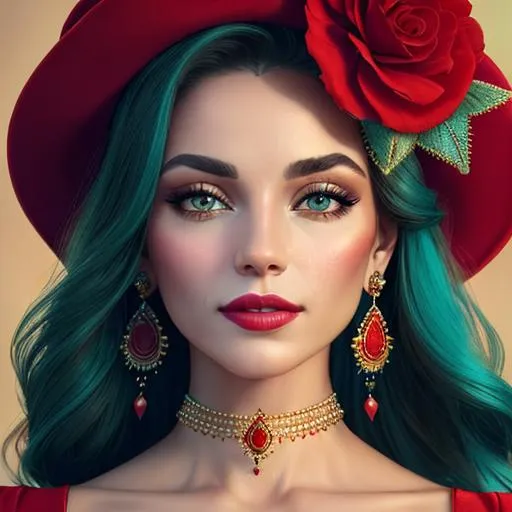 Prompt: Beautiful ethereal woman. color scheme of tuquoise and red., wearing turquoise and gold jewlery, wearing a red hat with red flowers, facial closeup