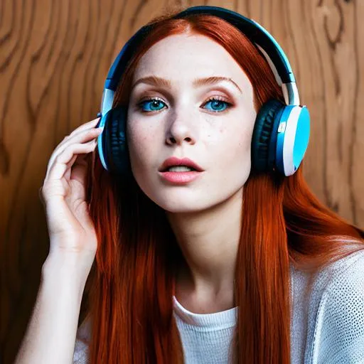 Prompt: sexy, beautiful, long red haired woman, wearing headphones, listening to music 