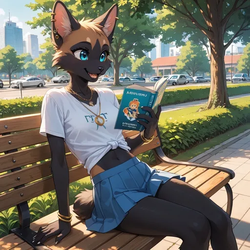 Prompt: Background and setting: A city park
Foreground:  a cute, lively, happy,  furry style (anthropomorphic ((ox))) girl), (her body slim, furry fuzzy skin, athletic and beautiful), sitting on a park bench reading, in short skirt and top, jewelry, necklace, bracelets, and piercings on ears, a happy expression