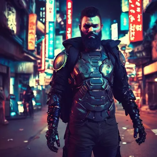 Prompt: New bearded friendly Superhero. Futuristic. Bionic limbs. Black and neon. Gritty. Exhausted. Tattered and bruised. Anime. Neo tokyo. Hero costume. Unlike known superheroes. Armoured. 