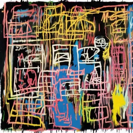 Prompt: Rave party painted by Basquiat 