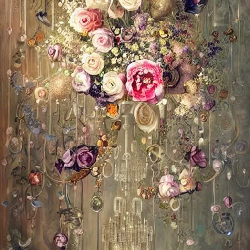 Prompt: painted still life beautiful flowers by ambrosius bosschaet!!!!!, floating in the sky, daniel merriam art, muted colors, hyper realistic soft focus feathers, fantasy steampunk, spiral staircase, vintage pocketwatch, ambrosius bosschaert art, highly detailed blooms of peonies and roses and magnolias, iridescent water drops, crystal chandelier drops, glitter sparkles, infinite depth, incredibly detailed, ultra realistic, high index of refraction, hyper realistic elegant smooth sharp clear edges, sharp focus, wide angle perspective, ultra realistic, sense of high spirits, volumetric lighting, occlusion, Unreal Engine 5 128K UHD Octane, fractal, pi, fBm