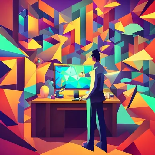 Prompt: The Author stands in front of his desk. On the desk, there any countless geometric shapes. Each seems to glisten and it seems as though there are strange and magical worlds in each shape. Each one is unique. 