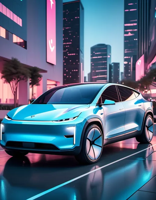 Prompt: (futuristic vehicle design), a Tesla Cybertruck, and Kia EV9 adorned in pastel blue, (sleek lines) and (smooth curves), showcasing innovative energy-efficient features, (dynamic angles), (high-quality 4K resolution), elaborate details, vibrant reflections, set against a modern urban background, with a touch of soft lighting creating an inviting atmosphere.