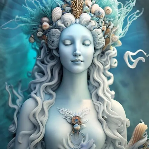 Prompt: portrait of a happy ethereal beautiful blue lady with a crown of seashells she is wearing a white dress