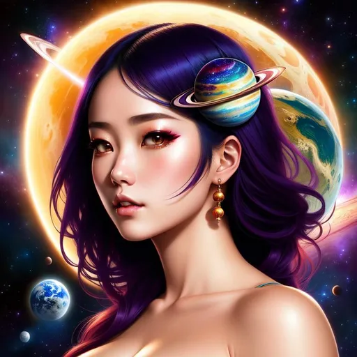 Prompt: gorgeous, stunning body, Japanese female model in space, she has planets around her and in her hair, dramatic lighting coming from the planets, aesthetic, inspiring, creative, hyperdetailed, rim lighting, ultra realistic, Huge cleavage, athletic body, Highly detailed photo realistic digital artwork. High definition. Face by Tom Bagshaw and art by Sakimichan, Android Jones" and tom bagshaw, BiggalsOctane render, volumetric lighting, shadow effect, insanely detailed and intricate, photorealistic, highly detailed, artstation by WLOP, by artgerm